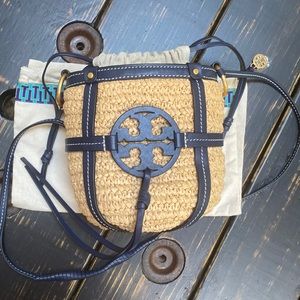 Tory Burch Miller Logo Straw Bucket Bag with Drawstring Closure